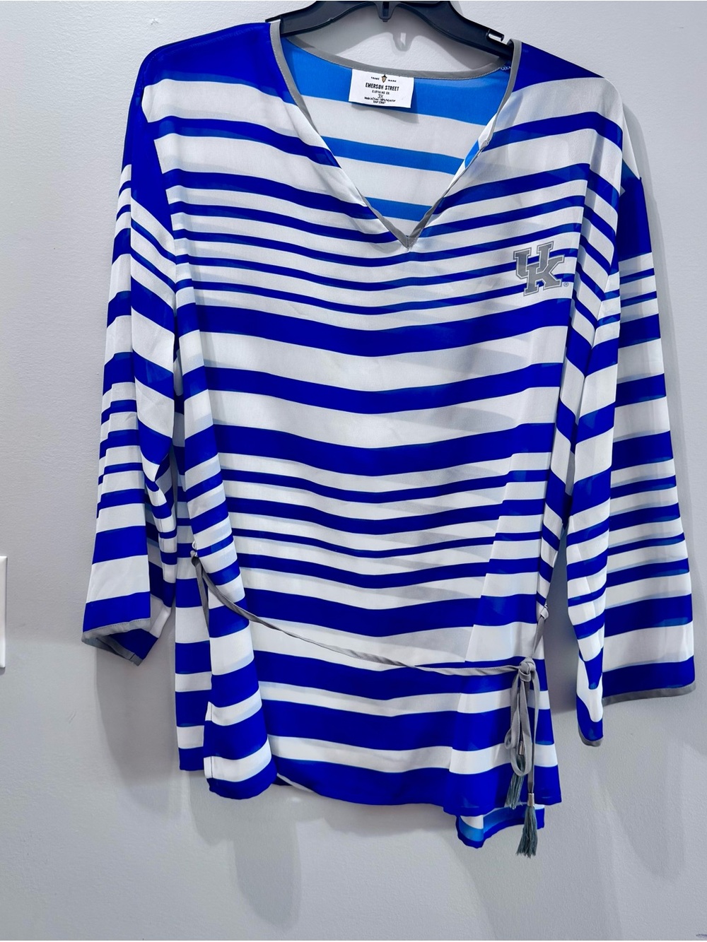 UK Striped Blue & White Belted Tunic Blouse, Size 3X
